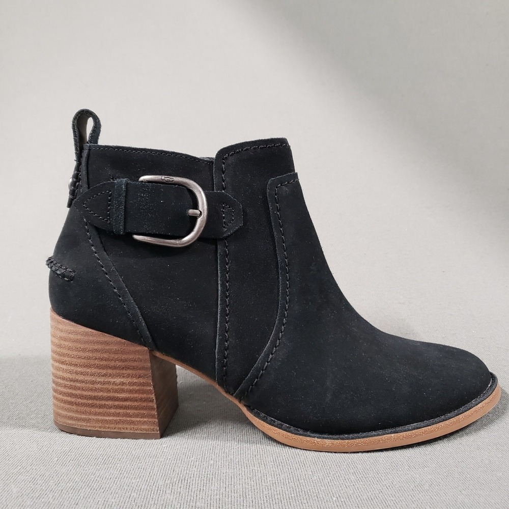 UGG Eliana Suede Ankle Boots Women 10 Black Excellent Buckle Block Heel 1103738